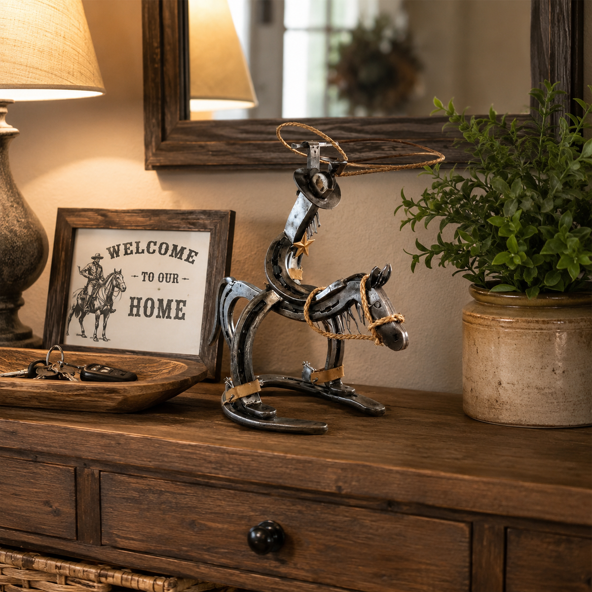 Western Metal Cowboy Riding Horse Sculpture – Rustic Ranch Home & Office Decor