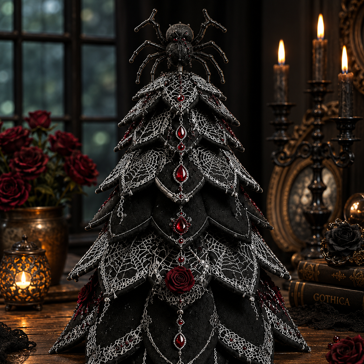 DIY Gothic Halloween Quilted Fabric Tree Kit – Layered Rose & Skull Tabletop Decoration