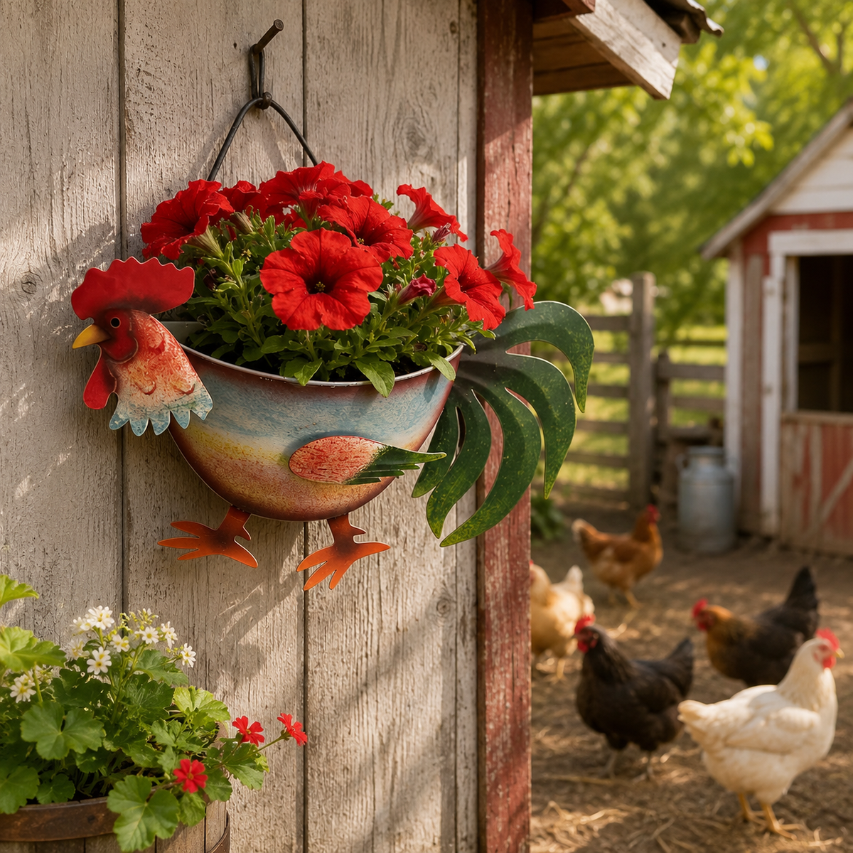Rustic Farm Animal Metal Fence Planter – Pig, Cow & Rooster Hanging Flower Pot for Garden Decor