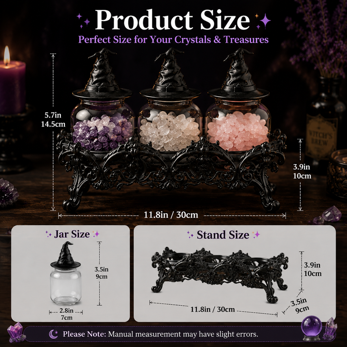 Crystal Apothecary Jar Set with Witch Hat Lids - Gothic Glass Storage Containers for Gemstones, Healing Crystals & Witchy Home Decor