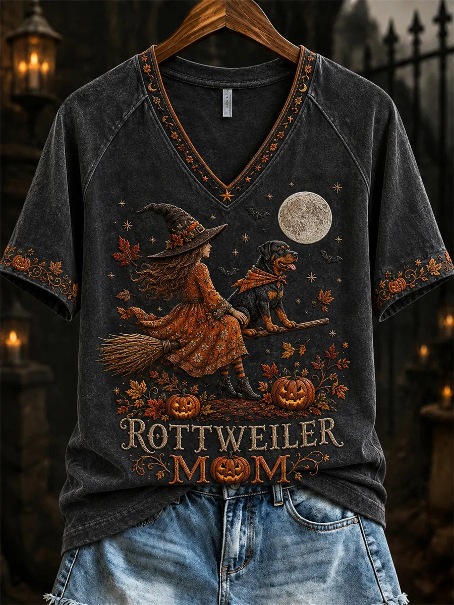 Women's Halloween Fall Rottweiler Mom Witch & Dog Print short-sleeved T-shirt
