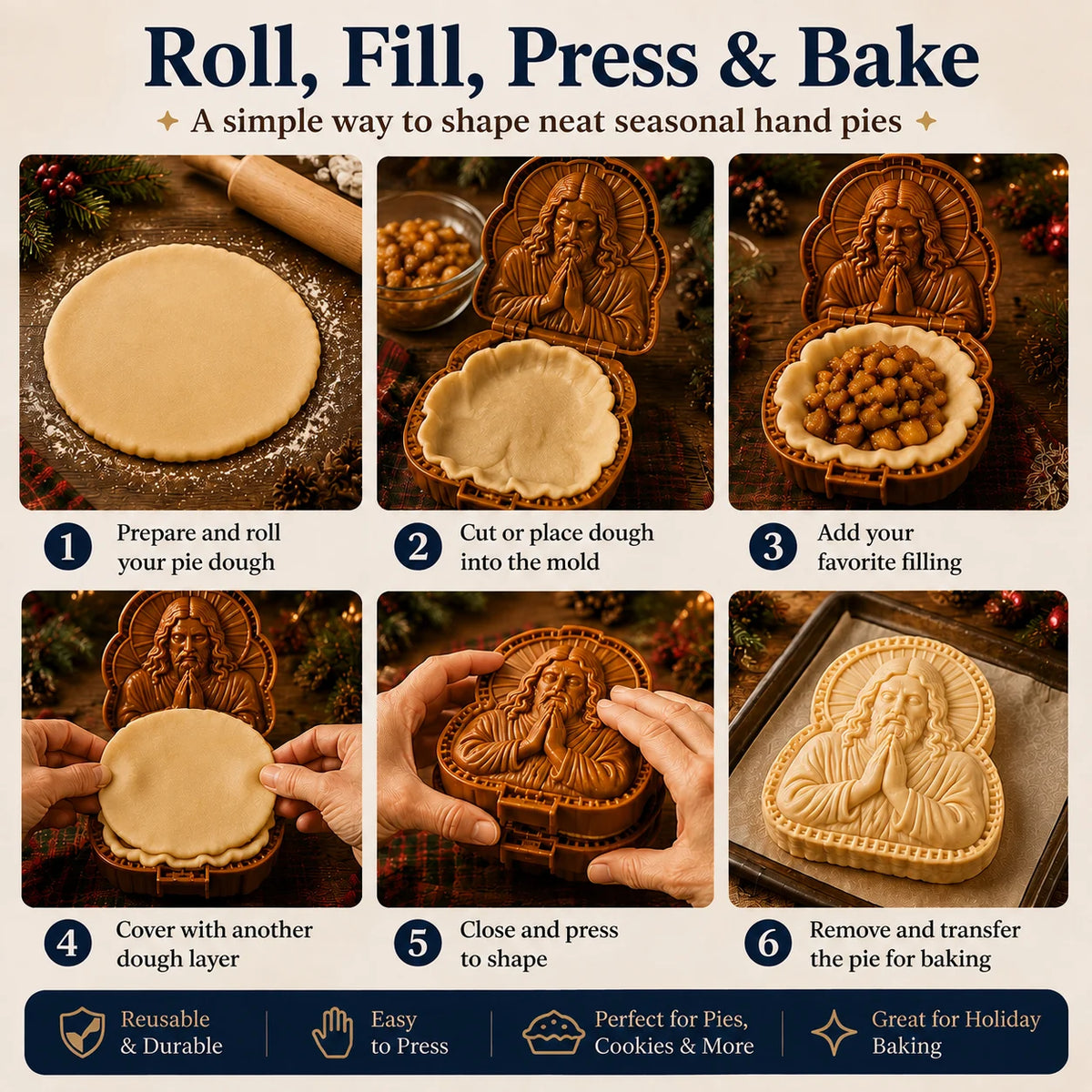 ✝️ Faith & Nativity Christmas Mini Pie Mold Collection | Reusable Embossed Molds for Shaping Detailed Praying Jesus, Nativity Stable and so on Pies🥧✨
