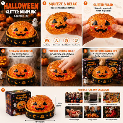 Halloween Glitter Dumpling Squishy Toy - Pumpkin Stress Ball with Spooky Steamer Tray