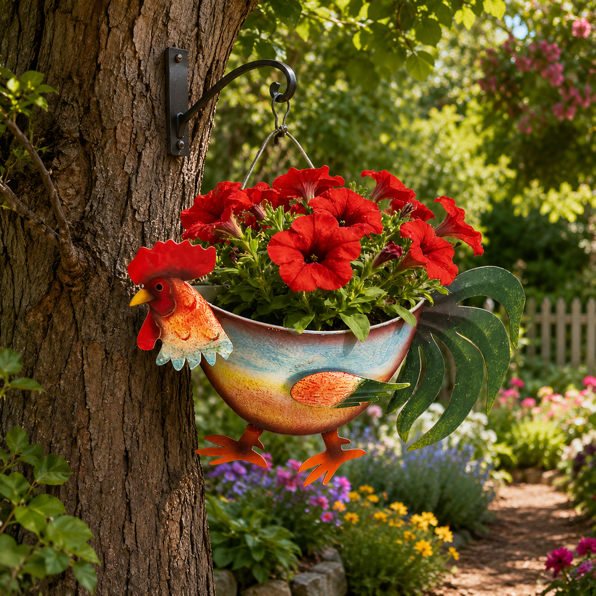 Rustic Farm Animal Metal Fence Planter – Pig, Cow & Rooster Hanging Flower Pot for Garden Decor
