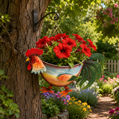Rustic Farm Animal Metal Fence Planter – Pig, Cow & Rooster Hanging Flower Pot for Garden Decor