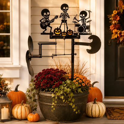 Halloween Skeleton Band Kinetic Wind Spinner - Metal Outdoor Garden Stake Decoration