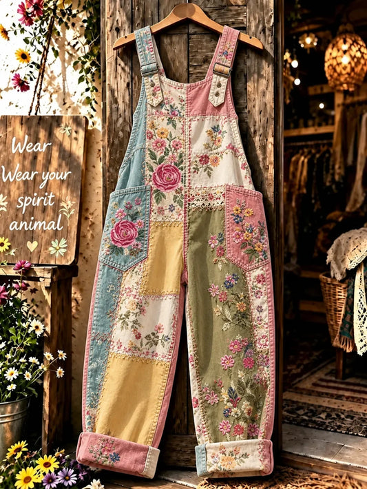 Women's Artistic Floral Pattern Patchwork Comfortable Overalls