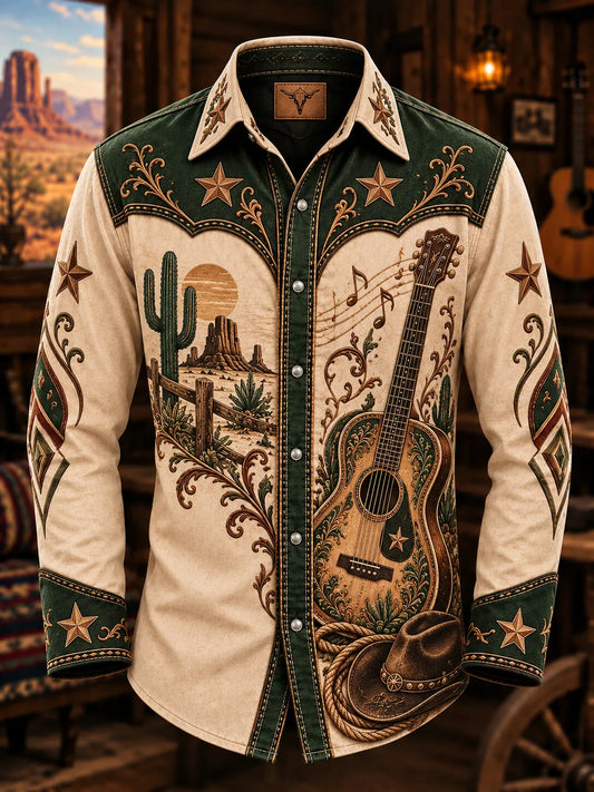 Men's Western Country Music Guitar Musical Notes Cowboy Hat Desert Butte Print Long Sleeve Shirt