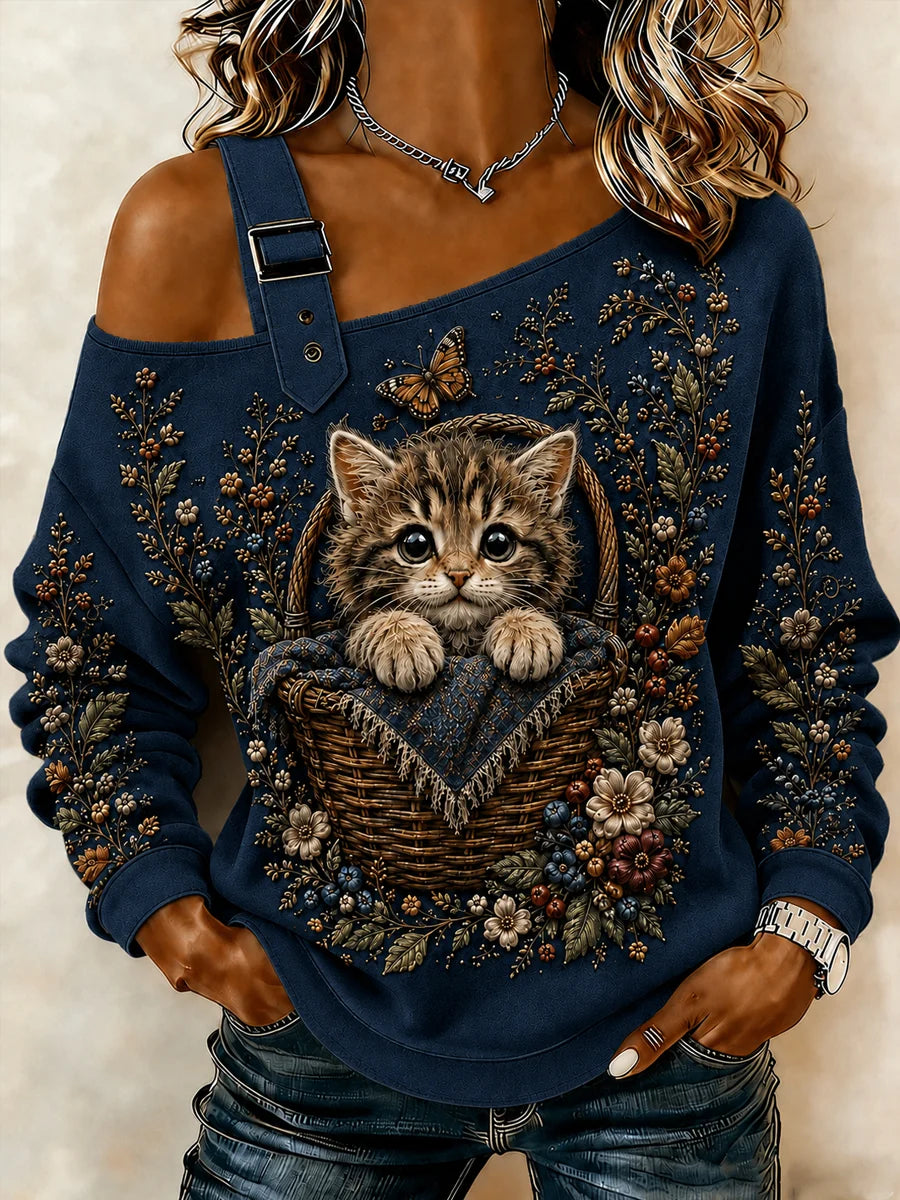 Women's Autumn Cute Cat Art Print Casual Off-Shoulder Sweatshirt
