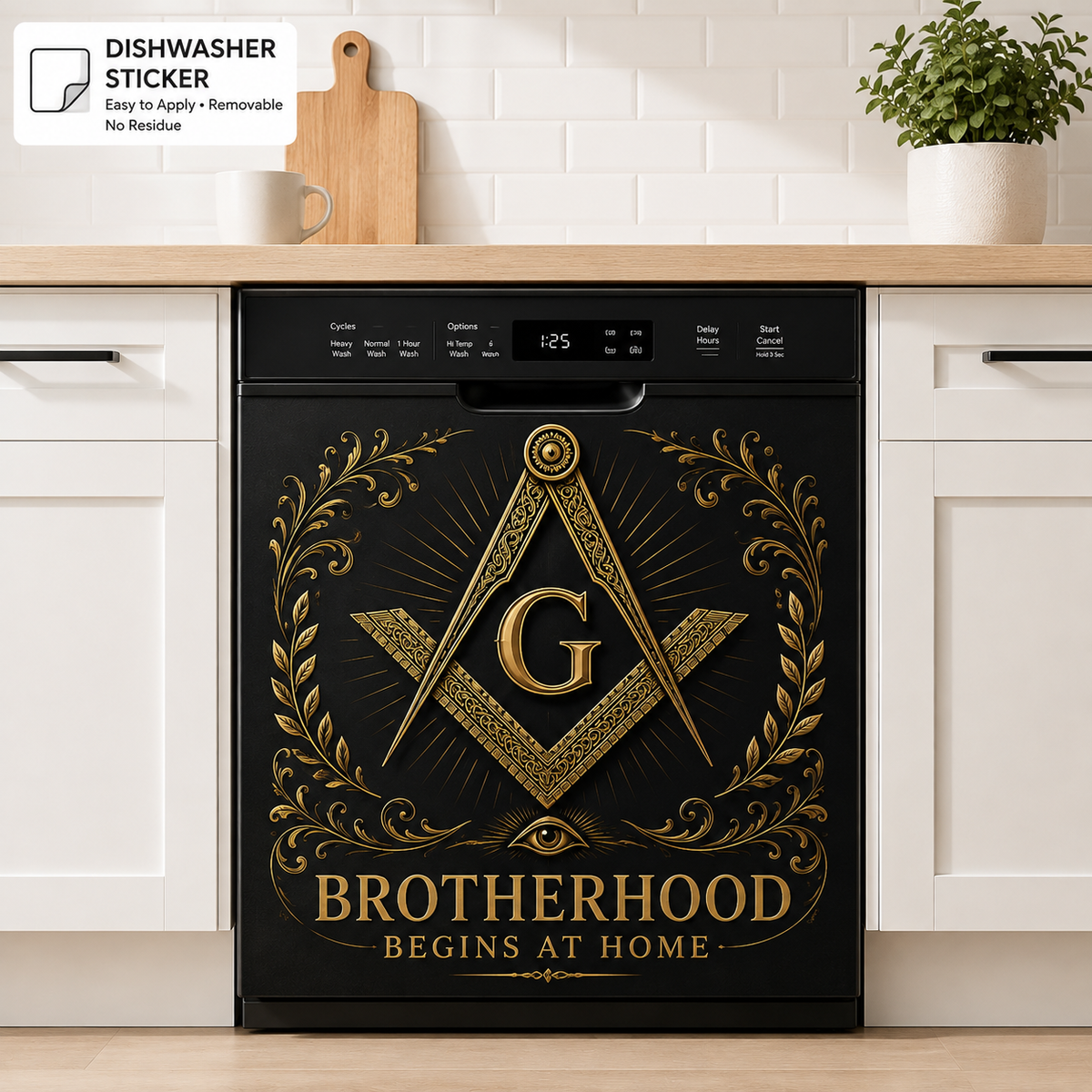 🏛️ Masonic Dishwasher Sticker – Brotherhood Begins At Home Black & Gold Kitchen Decor