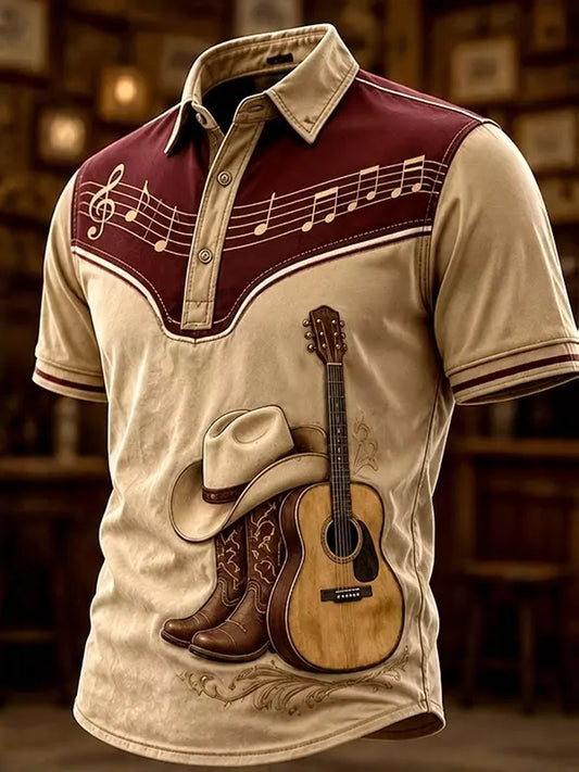 Men's Country Music Western Cowboy Boots Guitar Print Short Sleeve Polo Shirt