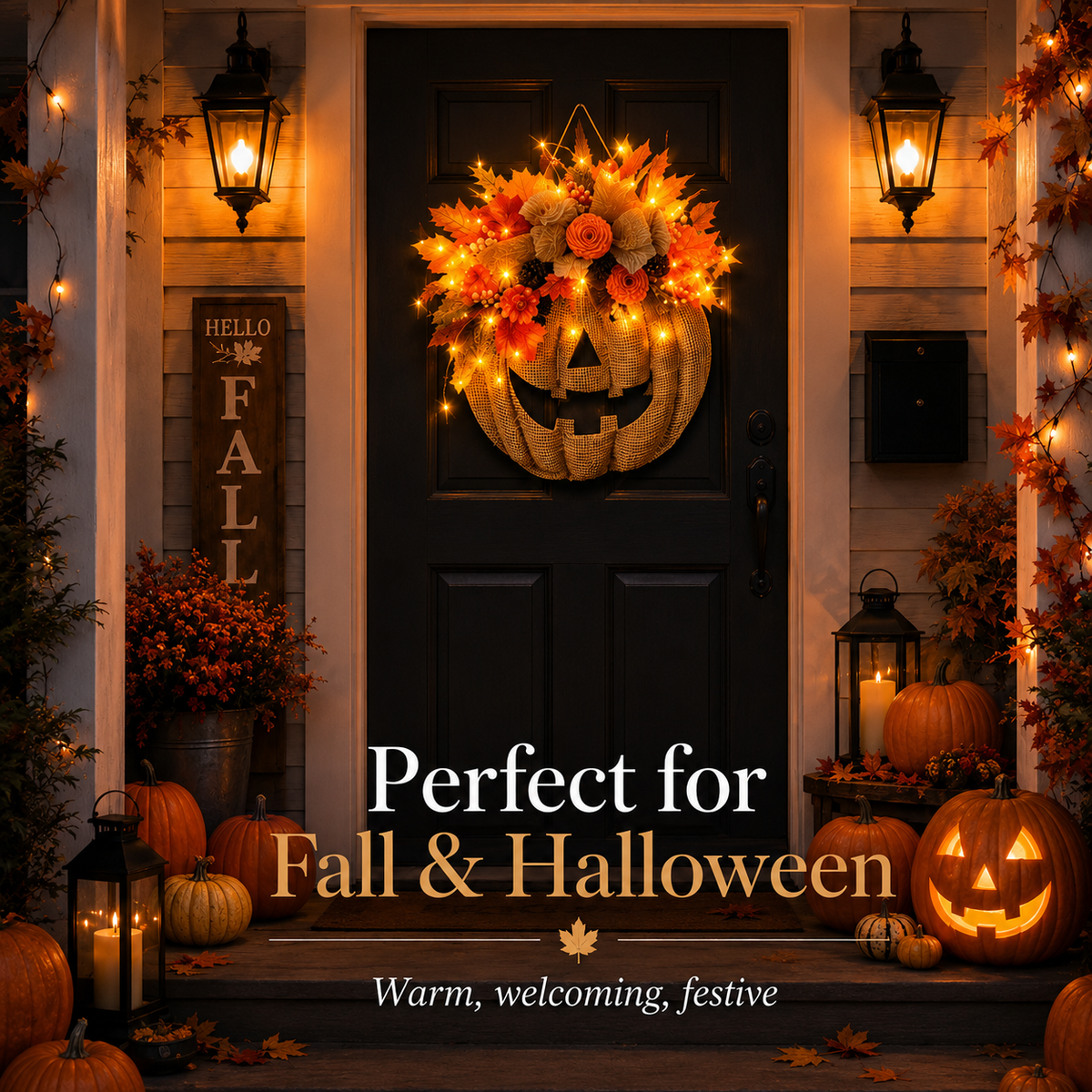 Lighted Burlap Pumpkin Wreath - Farmhouse Fall Halloween Door Decor