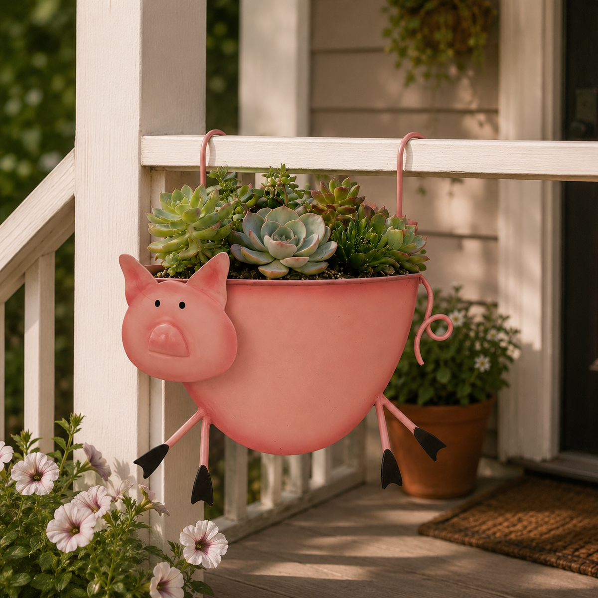 Rustic Farm Animal Metal Fence Planter – Pig, Cow & Rooster Hanging Flower Pot for Garden Decor
