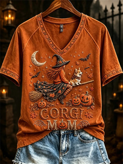 Women's Halloween Fall Corgi Mom Witch & Dog Print short-sleeved T-shirt