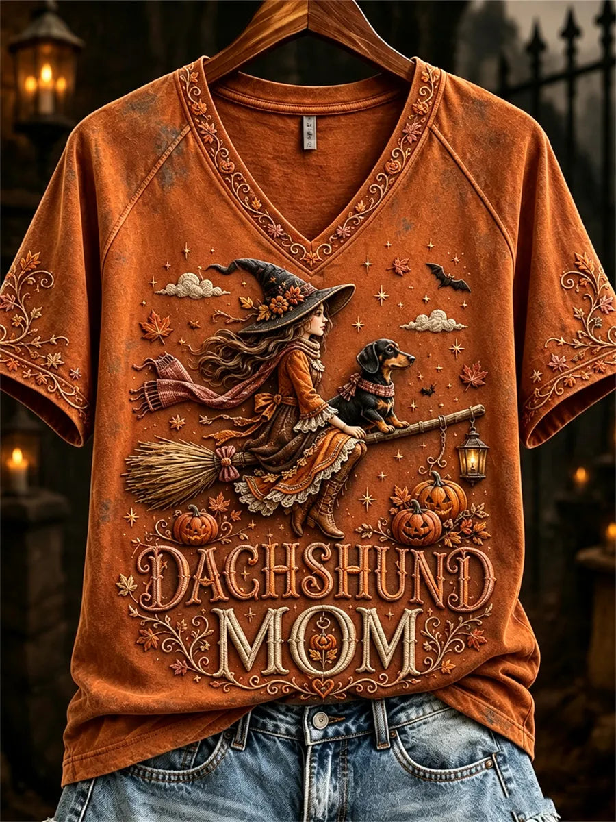 Women's Halloween Fall Dachshund Mom Witch & Dog Print short-sleeved T-shirt