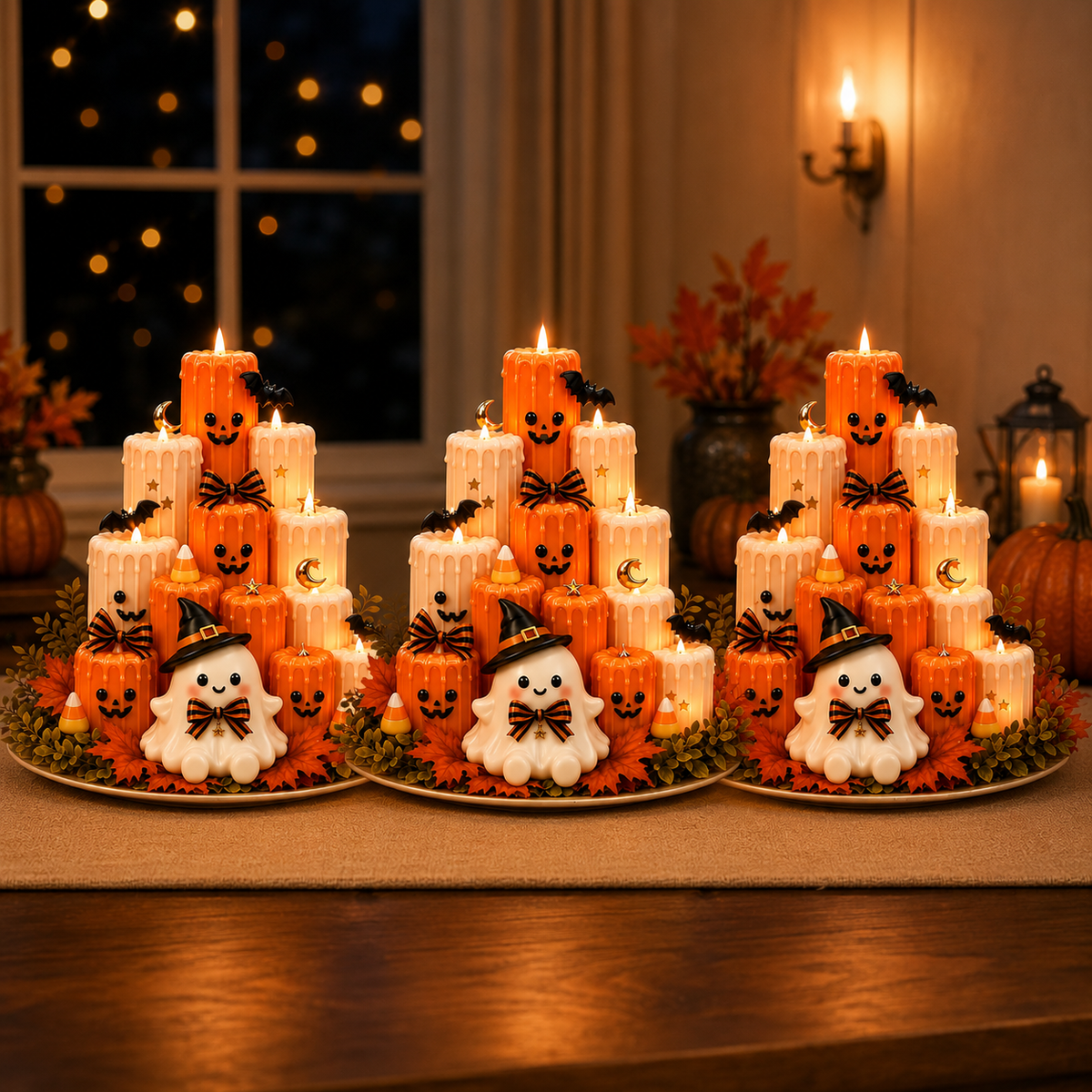 Flameless LED Ghost Halloween Tabletop Decoration | Stacked Faux-Wax Tower