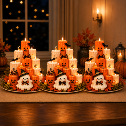 Flameless LED Ghost Halloween Tabletop Decoration | Stacked Faux-Wax Tower