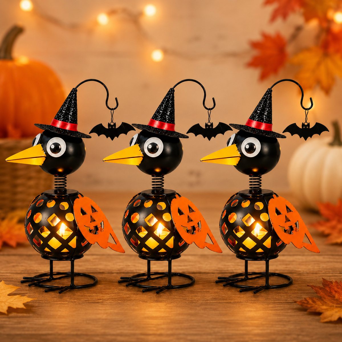 Halloween Crow Candle Holder – Metal Witch Bird Lantern with Pumpkin Wing & Hanging Bat