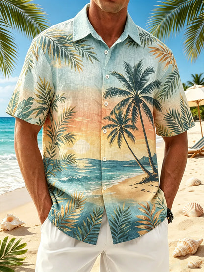 Linen-Texture Tropical Coconut Tree Print Chest Pocket Holiday Hawaiian Shirt