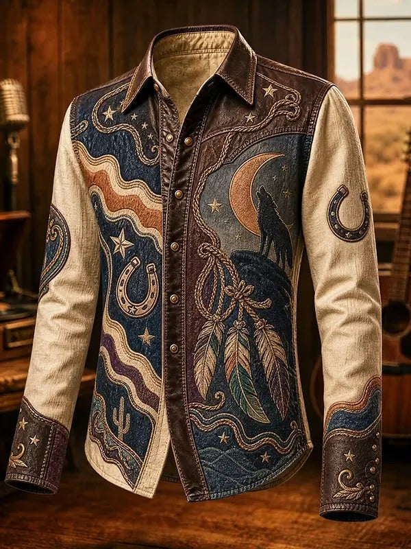 Men's Vintage Western Red And Cream Blossoms Leafy Floral Stems Print Long Sleeve Shirt