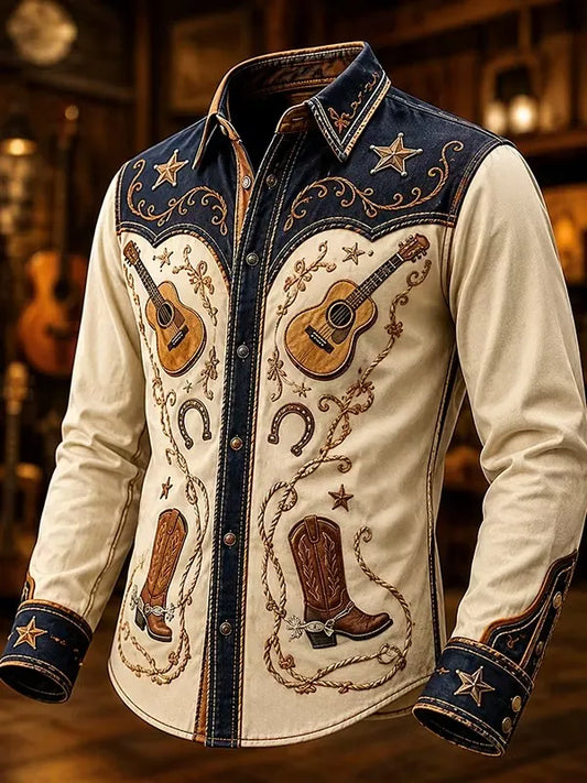Men's Western Style Symmetric Acoustic Guitar Silhouettes Cowboy Boot Print Long Sleeve Shirt
