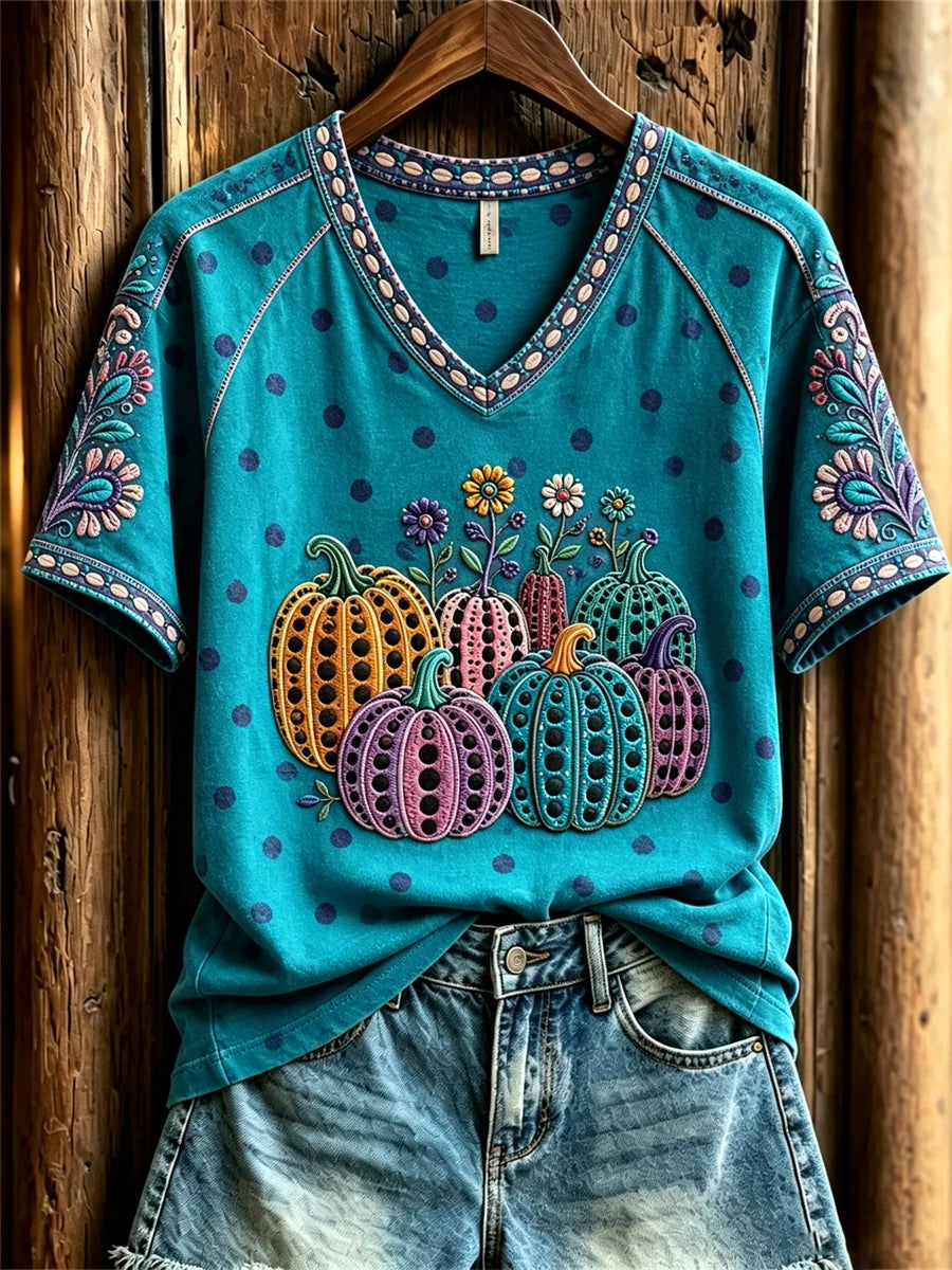 Women's Classic Fall Pumpkin Polka Dots Art Print short-sleeved T-shirt
