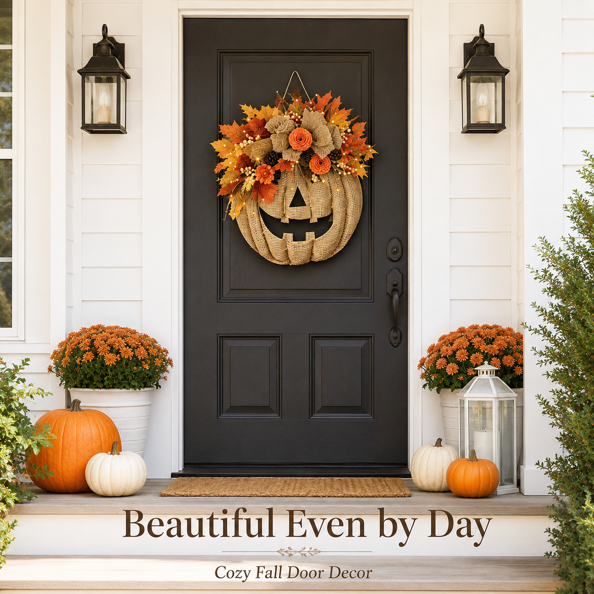 Lighted Burlap Pumpkin Wreath - Farmhouse Fall Halloween Door Decor