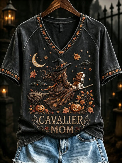 Women's Halloween Fall Cavalier Mom Witch & Dog Print short-sleeved T-shirt
