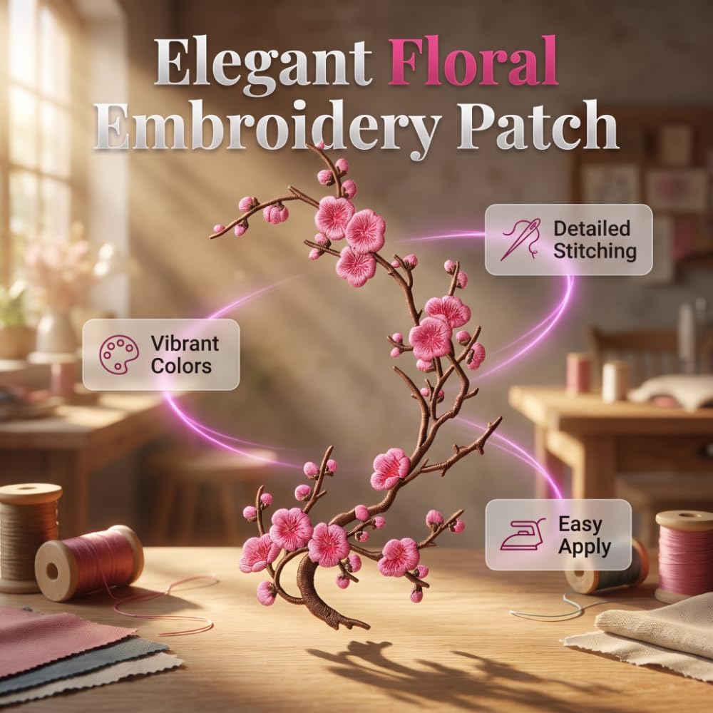 Cherry Blossom Embroidered Patch – Floral Iron-On Decoration for T-Shirts, Jackets & Bags