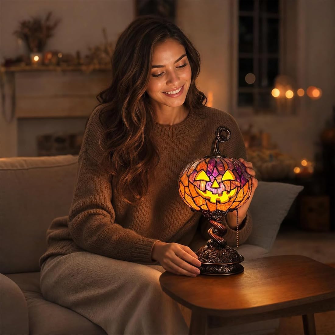 Stained Glass Pumpkin Table Lamp – Vintage Halloween Jack-O’-Lantern Night Light