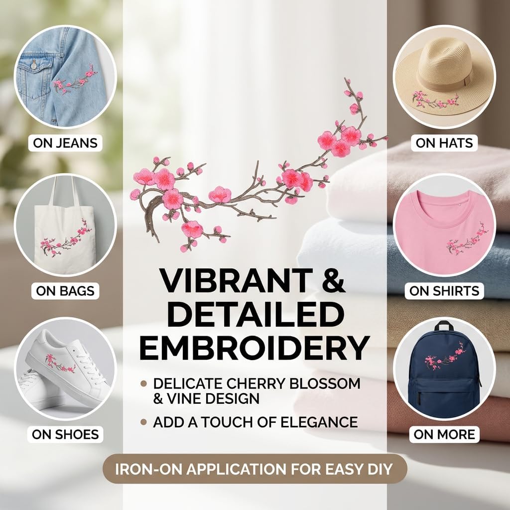 Cherry Blossom Embroidered Patch – Floral Iron-On Decoration for T-Shirts, Jackets & Bags
