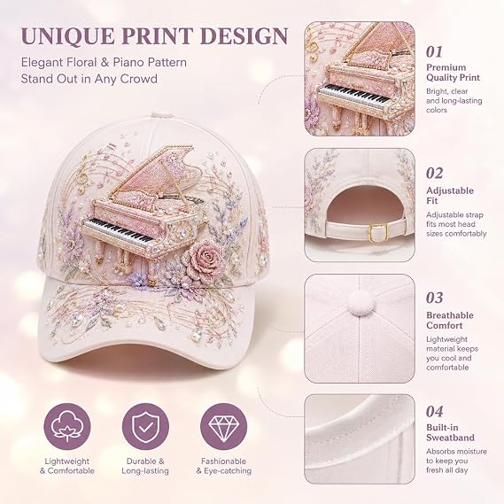3D Music Lover Baseball Cap - Raised Piano Design Hat For Musicians, Music Teachers & Music Lovers Gift