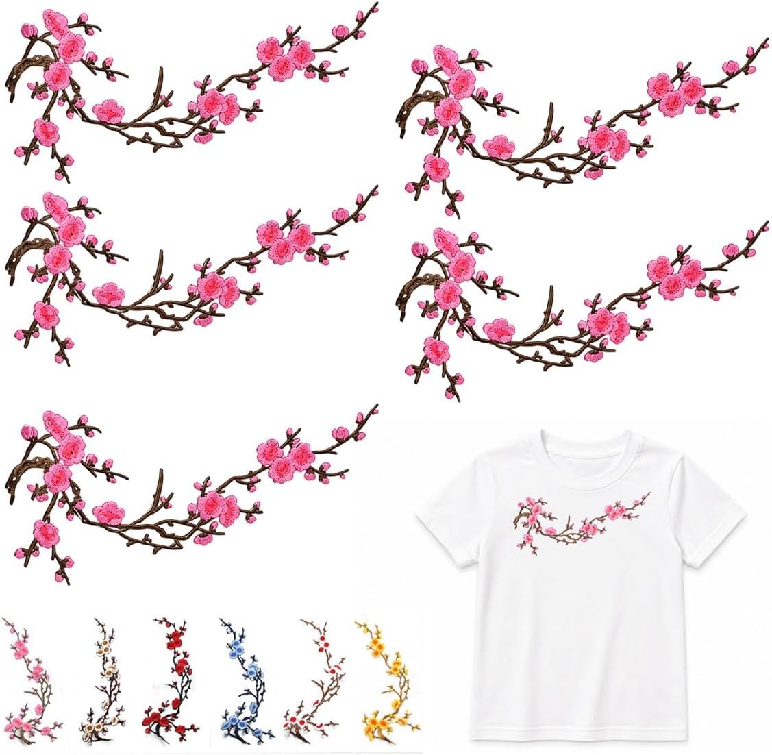 Cherry Blossom Embroidered Patch – Floral Iron-On Decoration for T-Shirts, Jackets & Bags