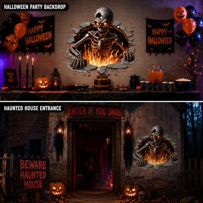 Halloween Skeleton Wall Sticker – 3D Broken Wall Flame Skull Decal for Home, Door & Window Decor