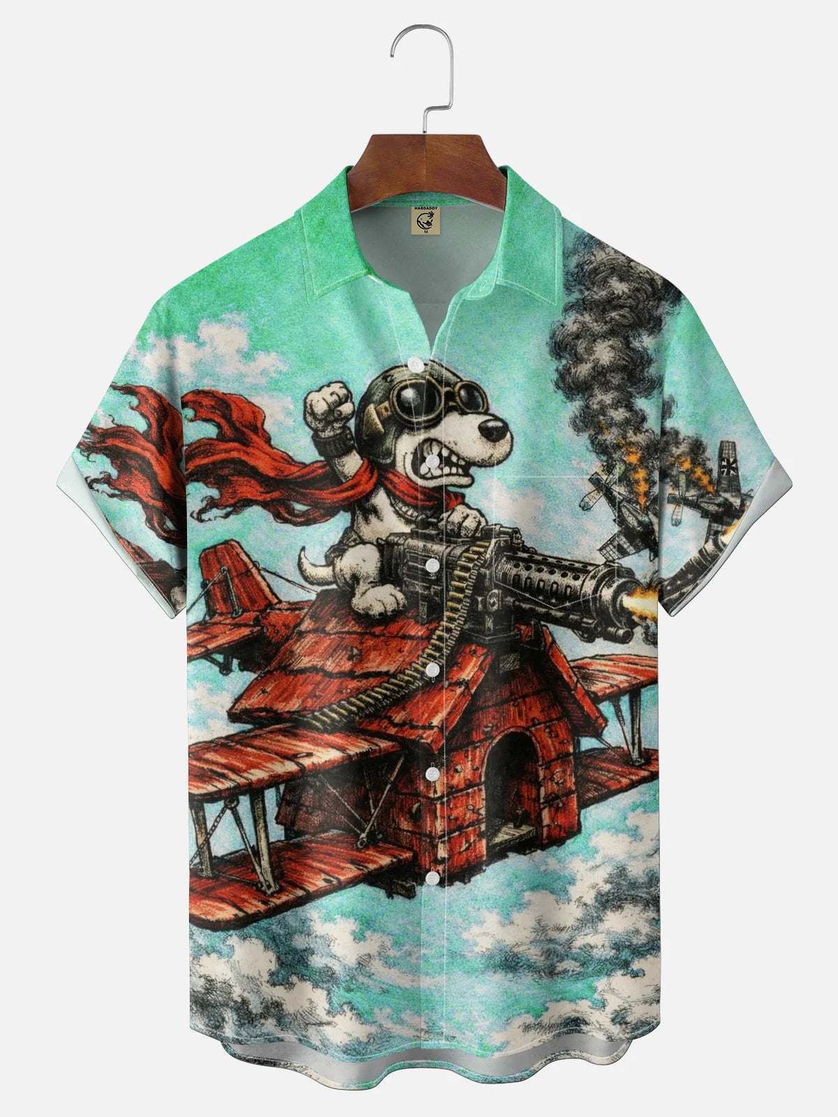 Moisture-Wicking Abstract Airplane & Dog Pattern and Chest Pocket Holiday Hawaiian Shirt