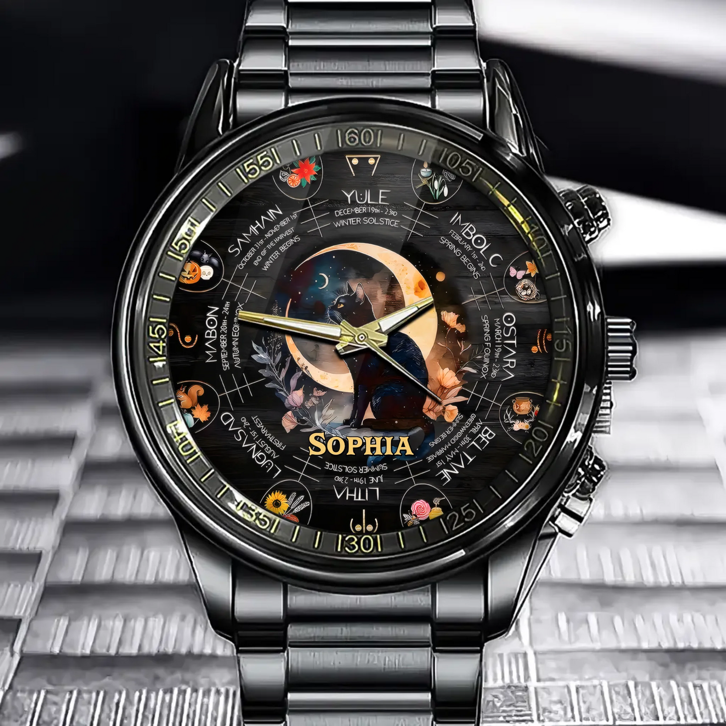 Personalized Pagan Calendar Black Cat Witch’s Watch – Custom Name Witch’s Festival Edition