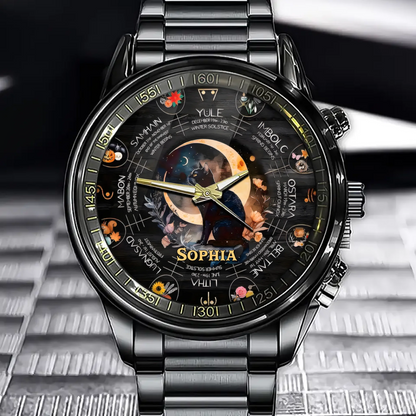 Personalized Pagan Calendar Black Cat Witch’s Watch – Custom Name Witch’s Festival Edition