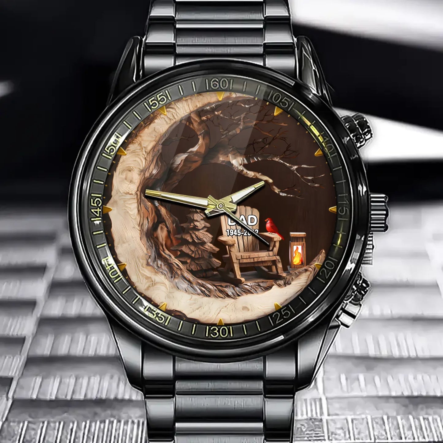 Personalized Christmas In Heaven Rustic Watch - Custom Name Engraved with Cardinal, Adirondack Chair & Rustic Tree Scene