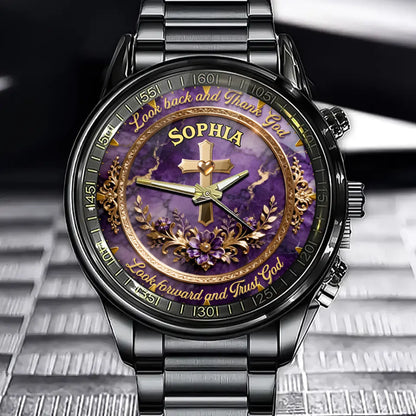 Personalized Religious Quote Watch - "Look Back And Thank God" Motto with Custom Name Addition