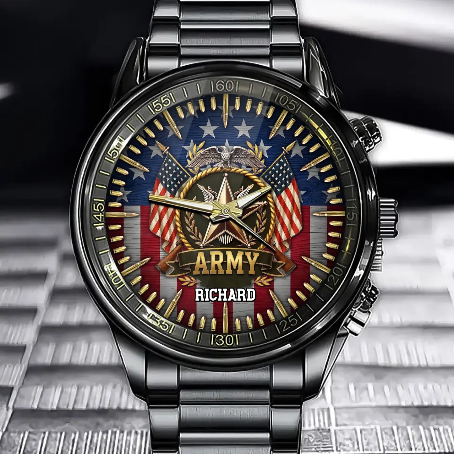 Personalized Military Tribute Watch – Custom Name Dial, Patriotic Eagle Design