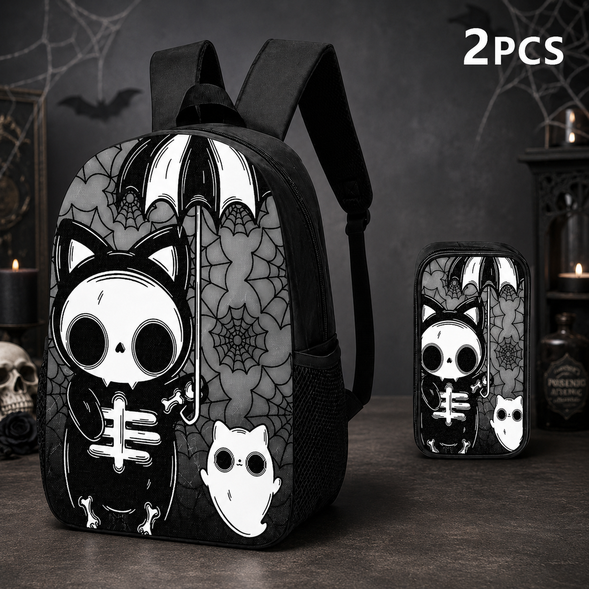 Halloween Gothic Skeleton Cat Backpack Set – 1/2/3PCS Backpack, Crossbody Bag & Pencil Case