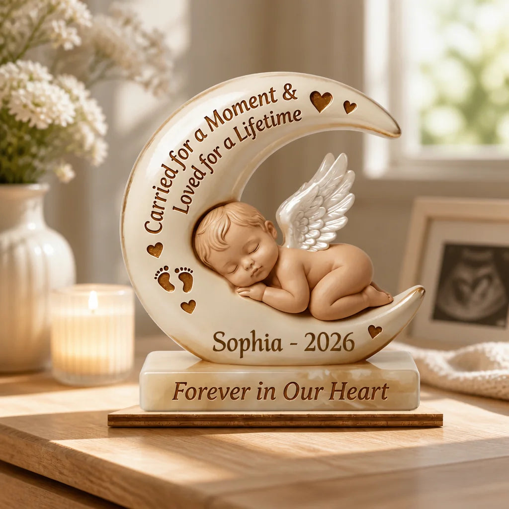Custom Wooden Baby Angel Plaque - Personalized Memorial Gift - Carried For A Moment, Loved For A Lifetime