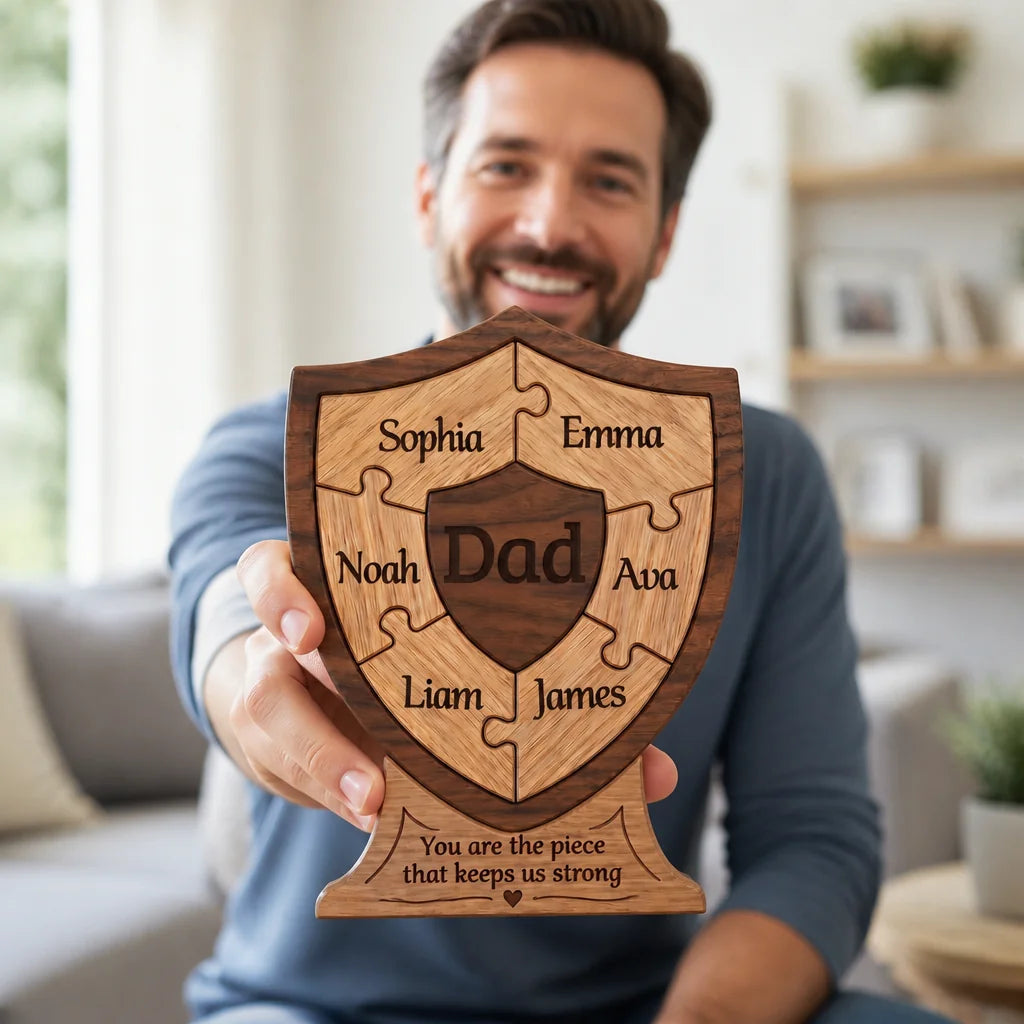 Custom Wooden Shield Puzzle Blocks - Personalized Dad And Children Names Gift For Father