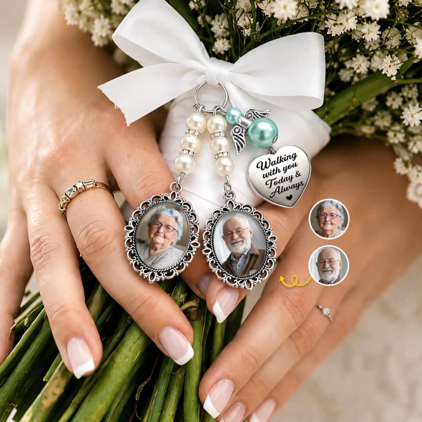 Custom Photo Bouquet Charm - Personalized Memorial Wedding Gift For Brides - Walking With You Always
