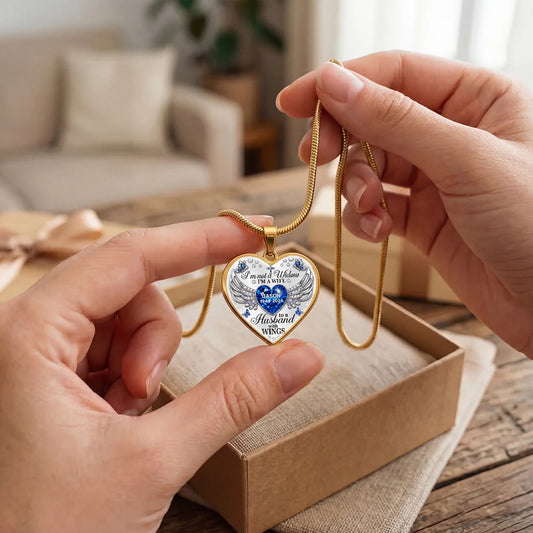 Custom Memorial Heart Necklace - Personalized Sympathy Gifts For Widows - A Wife To A Husband With Wings