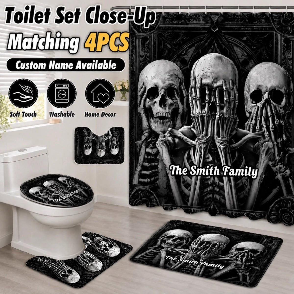 Custom Gothic Skeleton Bathroom Set - Personalized Name Skull Shower Curtain And Bath Mat Decor