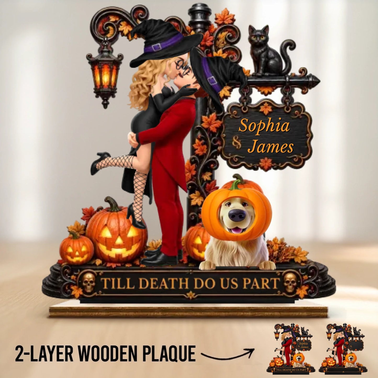 Custom 2-Layered Wooden Plaque - Personalized Halloween Decor Anniversary Wedding Gifts For Husband And Wife, Dog Cat Lovers - Spooky Hearts And Paws
