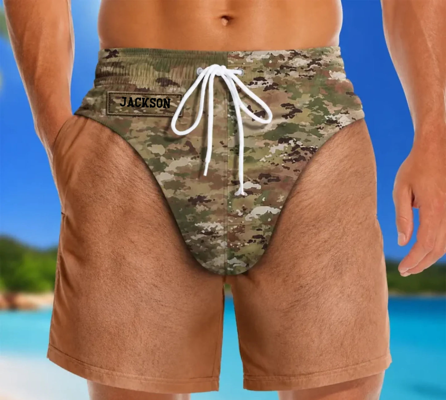 Personalized US Army Veteran Custom Name & Rank Camo Beach Short Pants