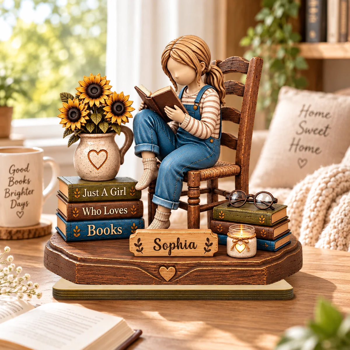 Custom Book Lover Wooden Plaque - Personalized Girl Reader Decor - A Warm Literary Corner With Sunflowers And Stacked Books