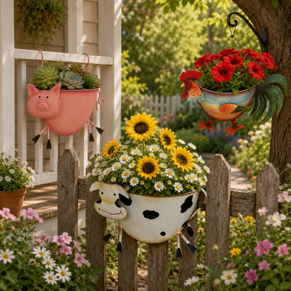 Rustic Farm Animal Metal Fence Planter – Pig, Cow & Rooster Hanging Flower Pot for Garden Decor
